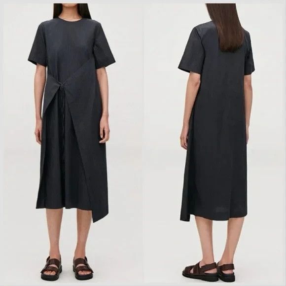 COS Dresses & Skirts - COS Apron Wrap Seersucker Midi Dress Black Tie Minimalist Cotton Women's Size 2